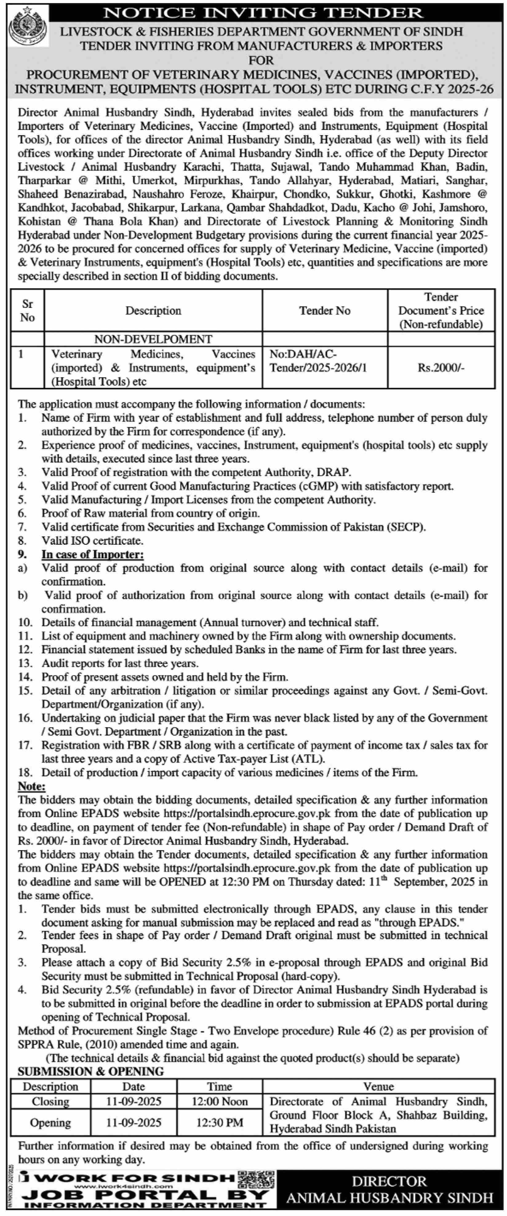 Livestock & Fisheries Department Sindh Tender Notice